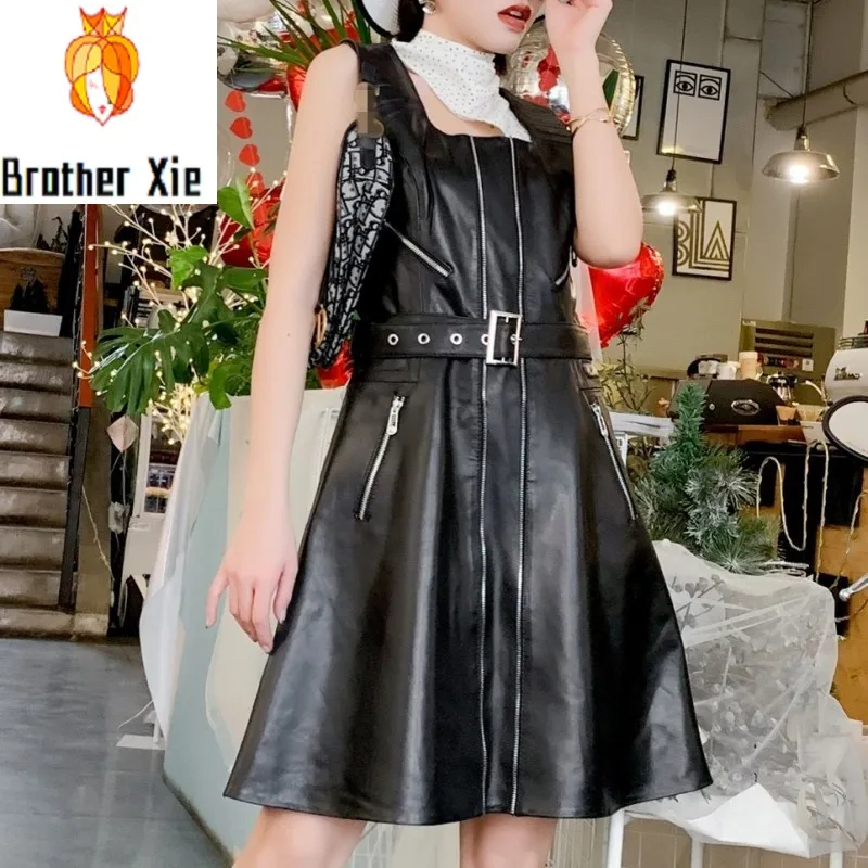 

Office Genuine Leather Knee Dress Women Sheepskin Slim A-Line Strap Dress Autumn Winter Elegant Black Top Quality Dress M-3XL