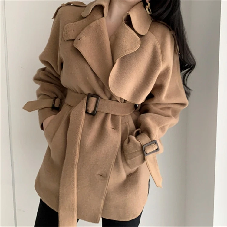 Colorfaith New 2020 Autumn Winter Women's Windbreaker Elegant Buttons Vintage Oversize Woolen Lace Up Short Trench Tops JK1389