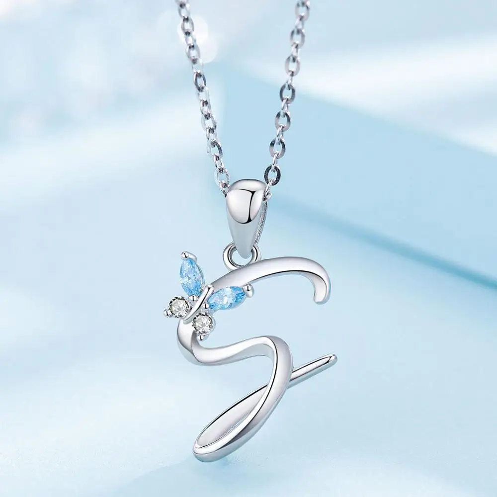 925 Sterling Silver Letter S Pendant Initial A Alphabet 8 Letters Necklace with blue crystal butterfly Jewelry CYD109-2