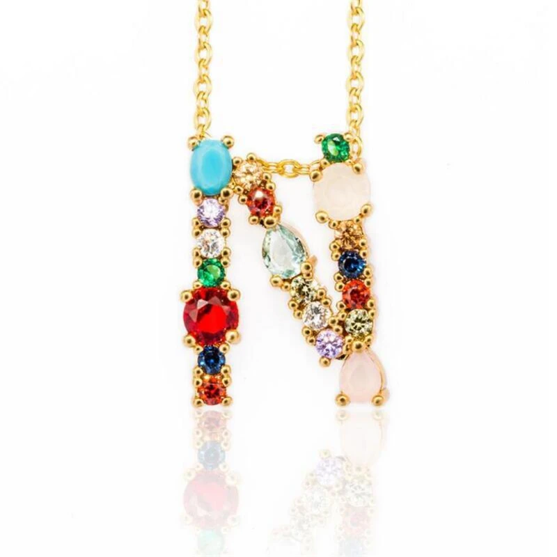 1 шт. модный золотого цвета Micro Pave Rainbow CZ кубический цирконий A-Z инициалы буквенные ожерелья с подвесками для женщин ювелирные изделия - Окраска металла: N