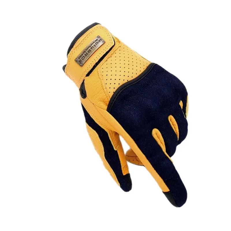 

Motorcycle Road Driving Gloves Safety ProtectionTouch Screen Genuine Leather+Denim Motorbike Gloves Men's Guantes Moto 3 Color