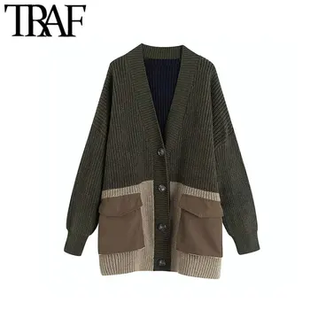 

TRAF Women Vintage Stylish Pockets Patchwork Oversized Knitted Sweater Fashion V Neck Long Sleeve Female Outerwear Chic Tops