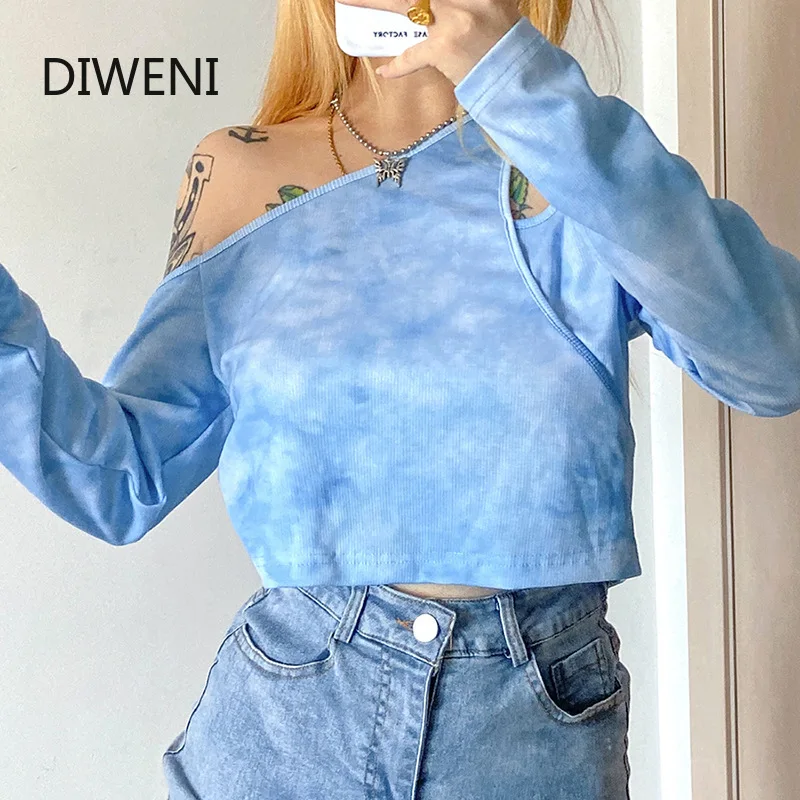 

2020 Autumn New Arrival Woman Tshirts Ins Tie-dye Style Hollow Out Irregular Collar Trend Tops Sexy Yet Casual Base Wild T Shirt