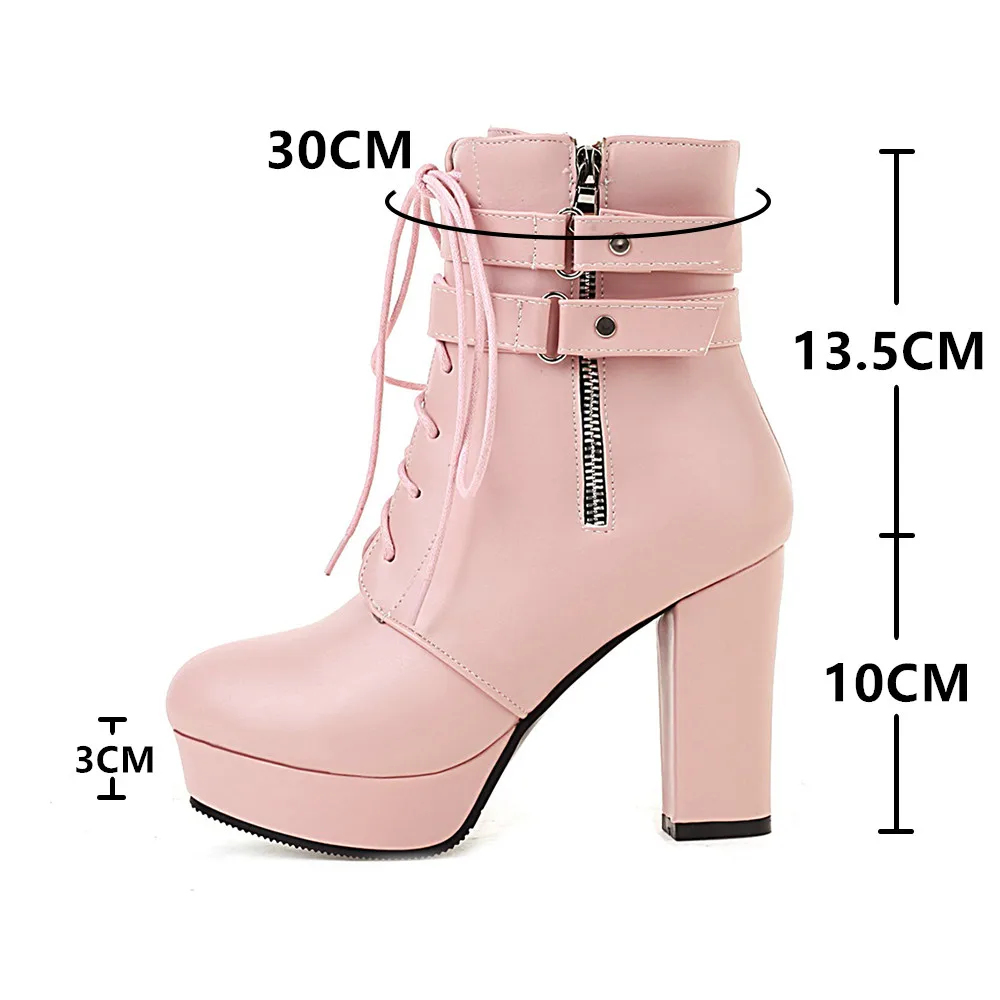 High Heels Women Ankle Boots Lace Up Fall Winter Platform Zip Ladies Boots Round Toe Fashion Shoes White Black Beige Pink 32-43