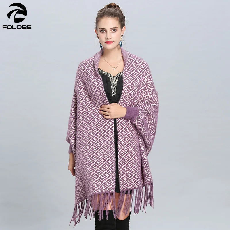 Oversize Fashion Autumn Winter Faux Imitation Knitted Poncho Women Letter 60*205cm Female Batwing Sleeves Wrap Vintage Shawl - Цвет: Light Purple