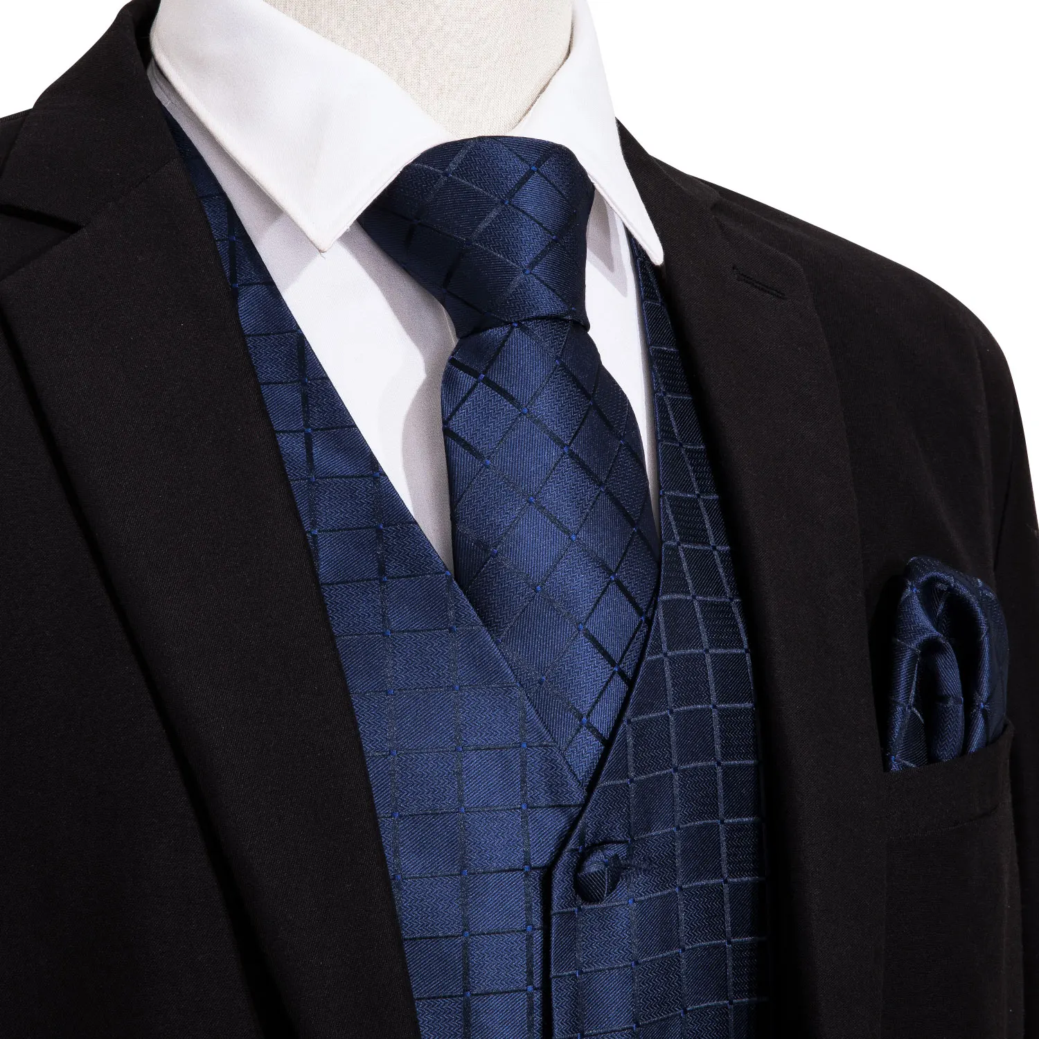 4PC Set Mens Silk Vest Party Wedding Blue Plaid Solid Floral Waistcoat Vest Pocket Square Tie Slim Suit Set Barry.Wang BM-2013
