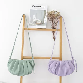 

Female Quality Cloud Portable Handbag 2020 Teenager Korean Fashion Pu Leather Ruched Candy Color Yellow Messenger Bag for Girls