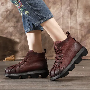 

Retro Genuine Leather Platform Wedge Heel Ankle Motorcycle Boots Shoes For Woman Winter 2020 New Thick-soled Western Boots Women