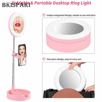 

6 Inch LED Dimmable Ring Light with Mirror Stand Camera 16cm Selfie Light Ring for Selfie Makeup TikTok Video with Phone Holder