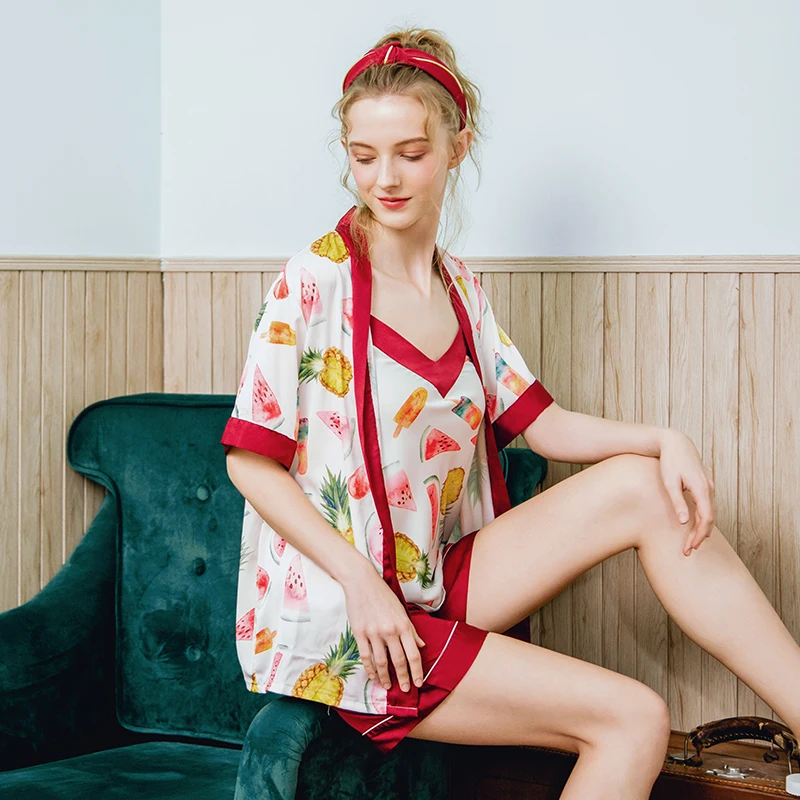 

New product simulation silks pajamas Ladies spring and summer sling shorts outer robe three-piece home service sleepwear S095