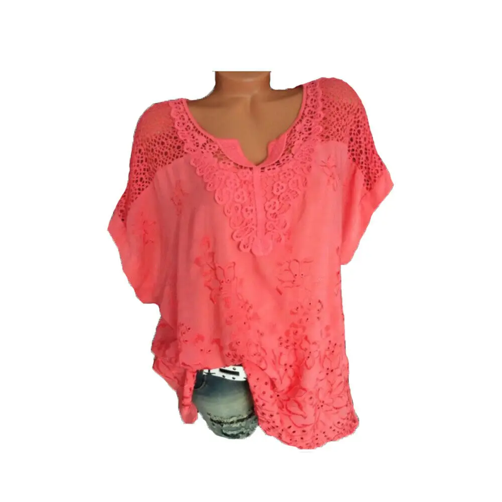 Watermelon Red Новые модные женские топы с v-образным вырезом и коротким рукавом, повседневные свободные топы, летние женские футболки размера плюс - Цвет: Watermelon Red
