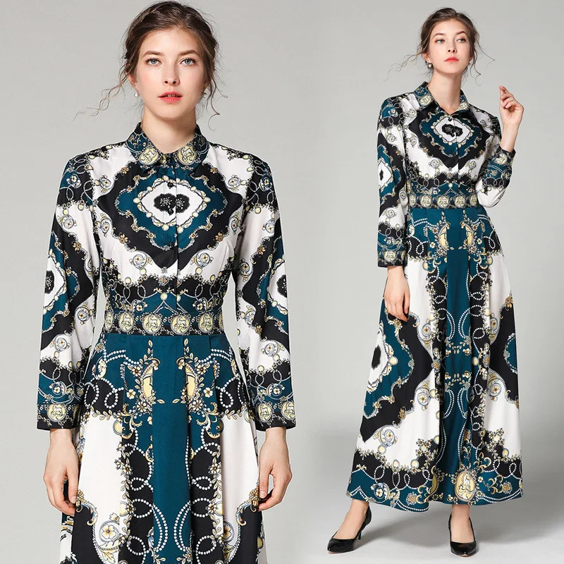 

2019 Spring Clothing Europe And America Fashion Slim Fit Slimming Big Brand Positioning Printed Fold-down Collar Dress Explosion