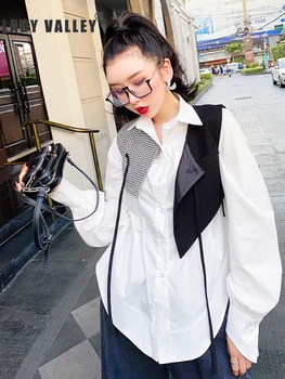 

Free white loose shirt two-piece suit ladies spring new + lace-up contrast color shawl vest fashion suit can be worn separately