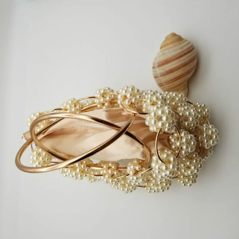 Hiboom Metallic Ring Handle Ladies Beaded evening Clutch Bag Purses Gold Hollow Out Flower Pearl Top Evening Bag Party Bag