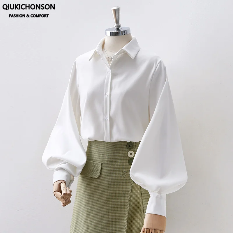 Shirt White Blouse Lantern-Sleeve Womens Tops Spring Summer Black Korean-Style Elegant