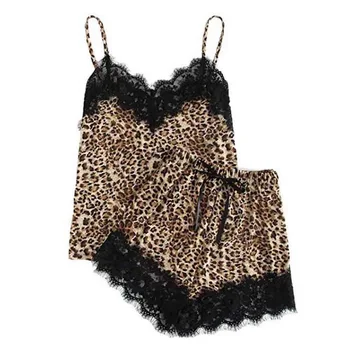 

CALOFE Sexy Sleepwear Set Sleepwear Lingerie Lace Leopard Print Underwear And Shorts Pajama Set bayan gecelikler