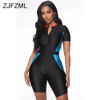 

Front Zipper Sexy Fitness Plus Size Playsuit Women Deep V Neck Contrast Color Skinny Romper Summer Female Short Sleeve Bodysuits