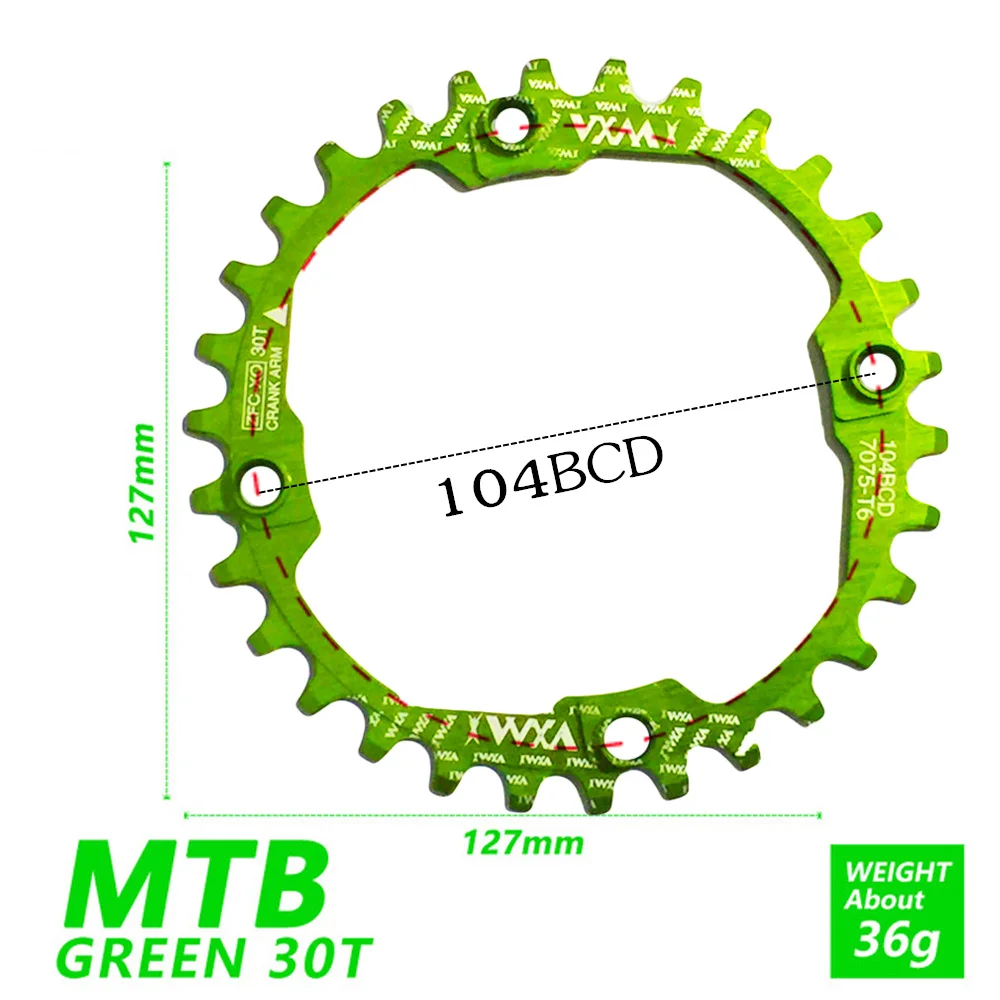 104BCD 30T Green Велосипедный Кривошип 104BCD/96BCD MTB 30T бензопила из алюминиевого сплава узкая широкая цепь круглый бензопилой цикл запчасти для велосипеда - Цвет: 104BCD 30T Green