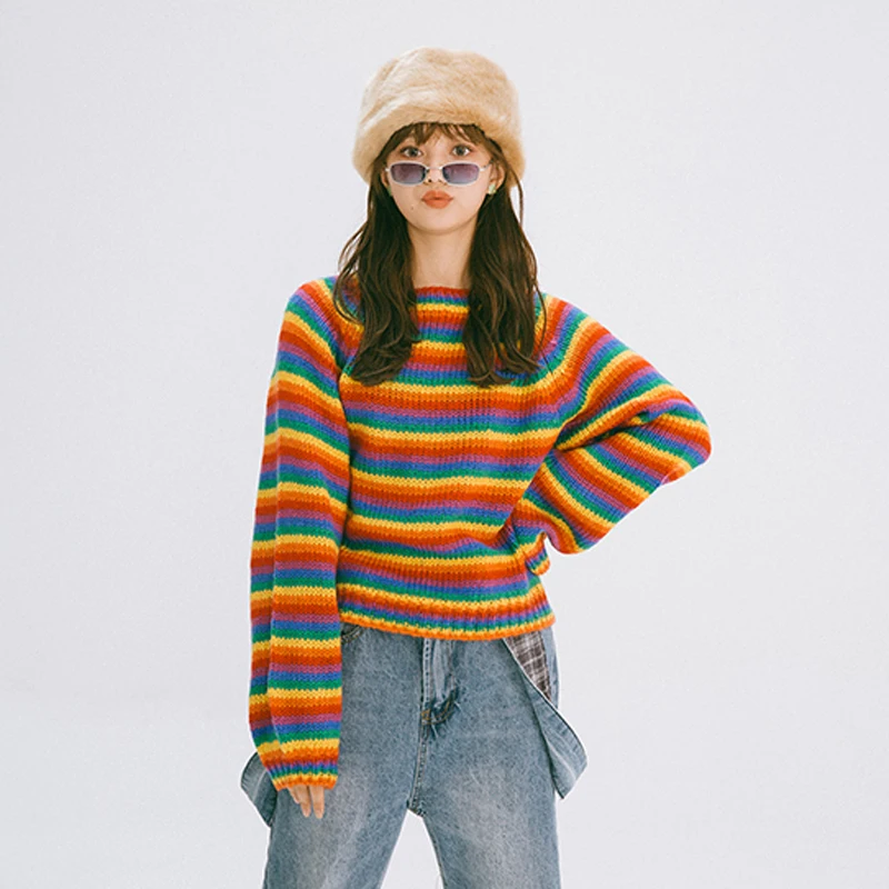 

Lychee Girls Casual Loose Crew Neck Women Sweater Rainbow Stripe Lady Sweater Color Block Autumn Long Sleeve Women Sweater