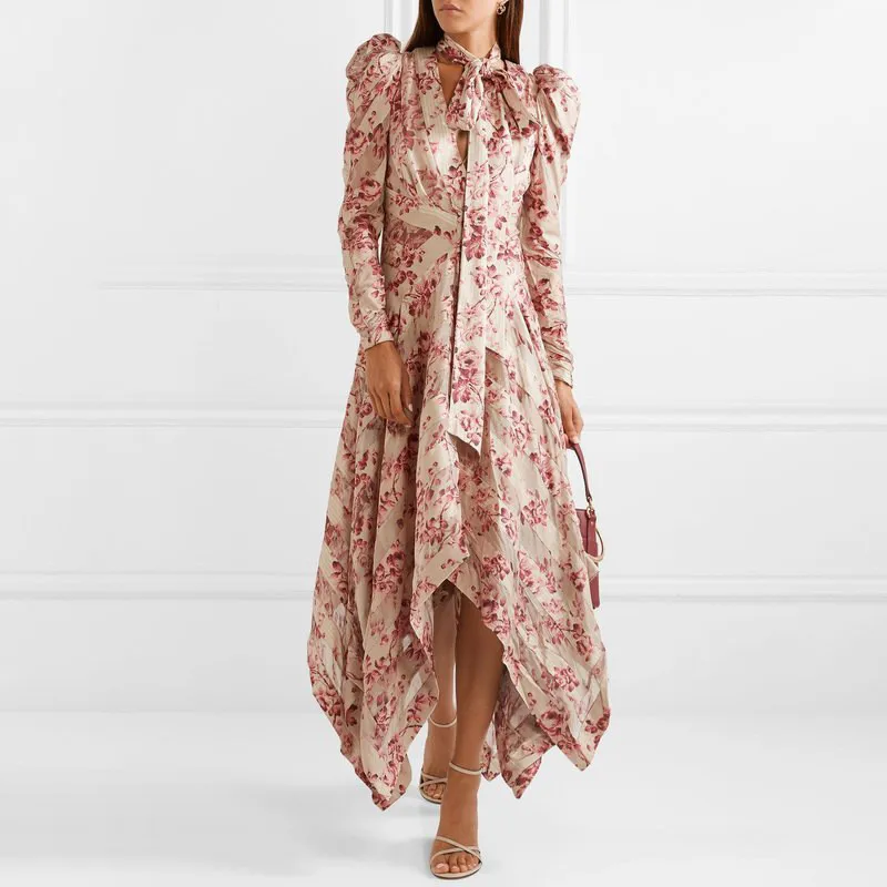 

2019 Elegant Floral Print Women Midi Dress Runway Designer V Neck Lace Up Lady Irregular Dresses Party Holiday Vestidos Clothes