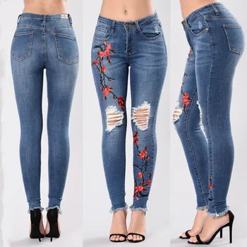 

2019 new fashion casual commuter shopping hole floral embroidery jeans plus size high elastic denim pants pants trousers women