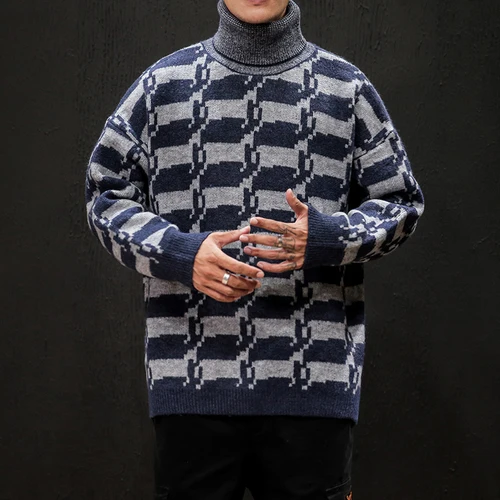 Dark Blue Зимний мужской свитер с высоким воротом, модный мужской повседневный толстый теплый высококачественный пуловер, мужской полосатый свитер, брендовая одежда - Цвет: Dark Blue