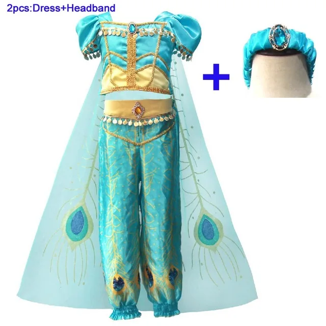 Aladdin Lamp Princess Jasmine Cosplay Costume Girls Halloween Fantasia Arab Princess Fancy Dress Up Outfit Girls Jasmine Costume - Цвет: dress Add Headband