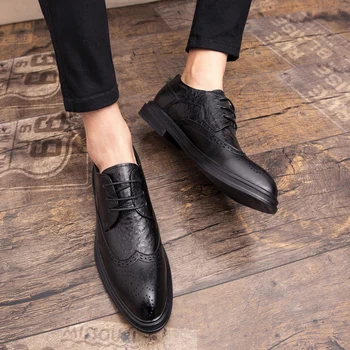 

Black Dress Shoes For Men British Designer Leather Men Brogue Elegant Shoes Comfort Pointed Toe Wedding Flats