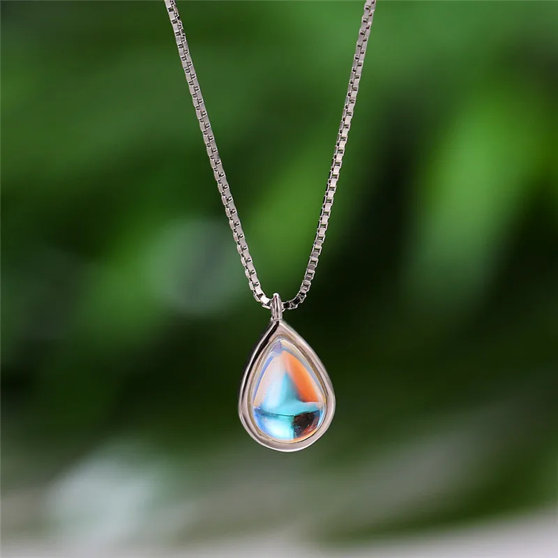 

Cute Female Water Drop Moonstone Pendant Necklace 100% Real 925 Sterling Silver Crystal Wedding Necklaces For Women