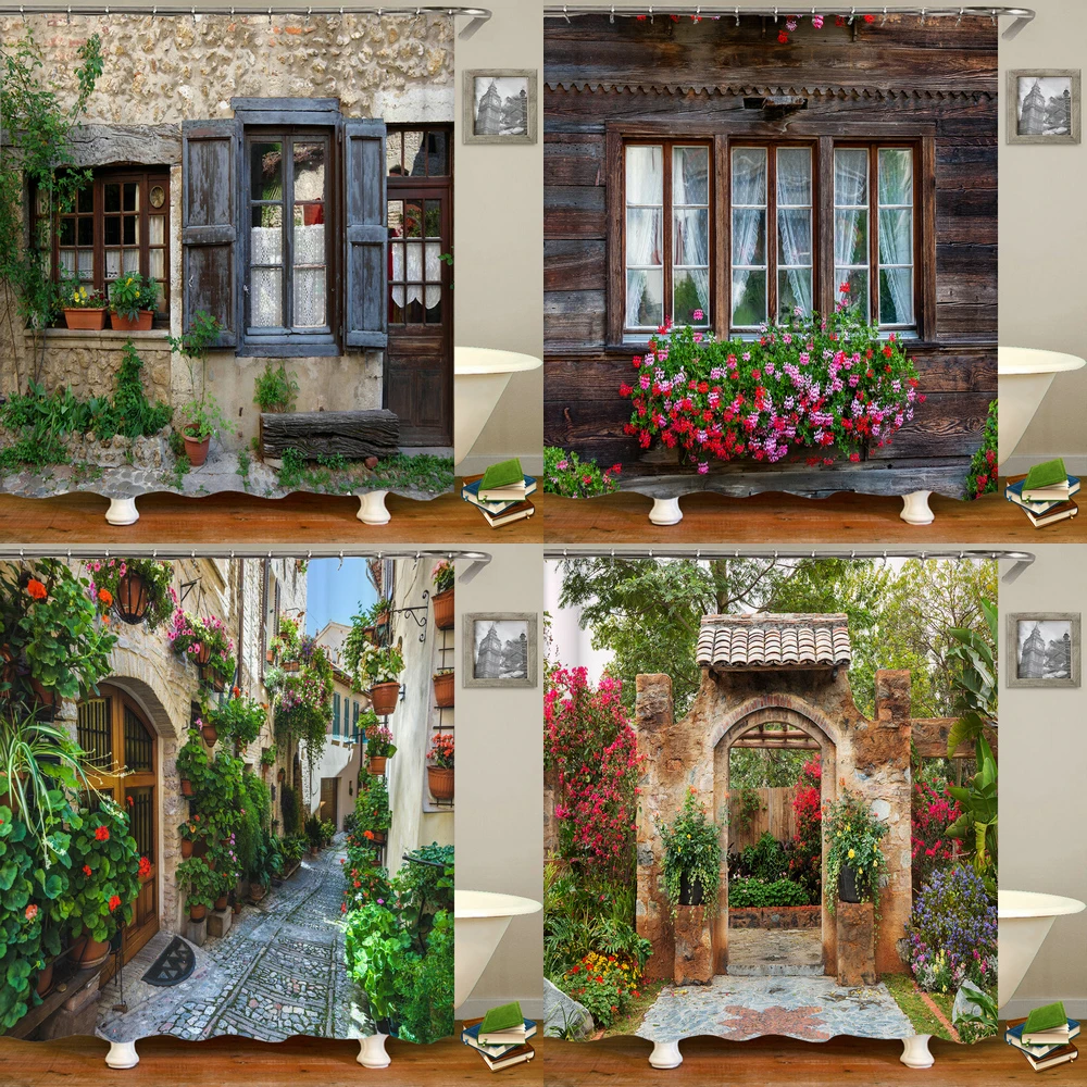 

Rustic Shower Curtain Doors of An Old Rock House with French Frame Details in Countryside European Past Fabric Bathroom