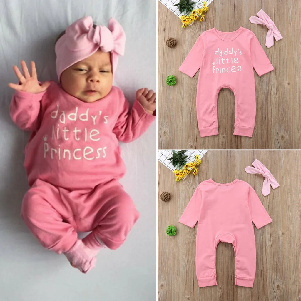 Newborn Infant Baby Girl Letter Romper Jumpsuit Headband Outfits Autumn Long Sleeve Clothes Set ubranka dla niemowlat
