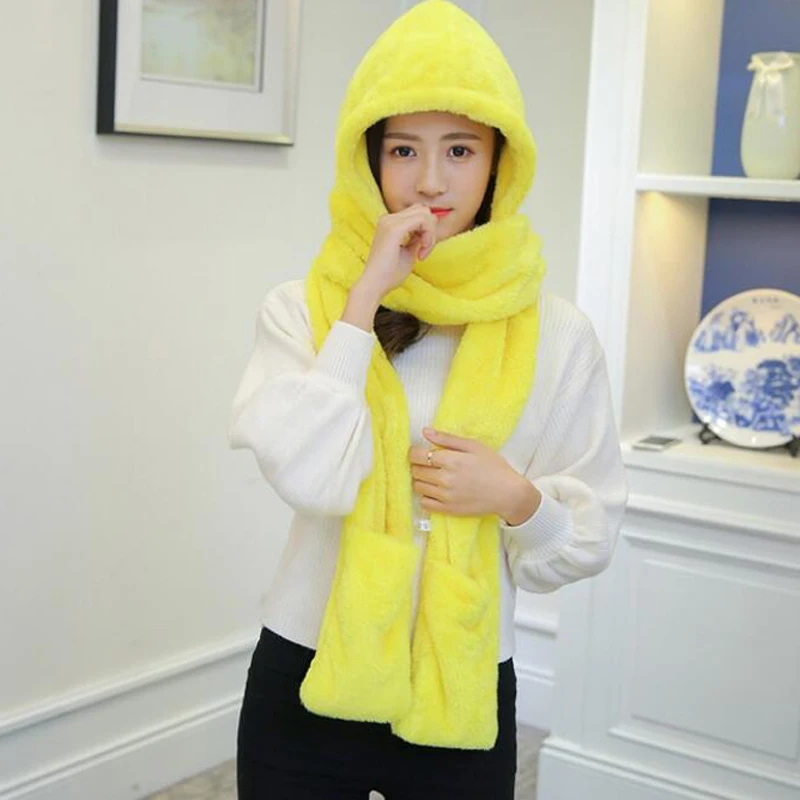 yellow 3 предмета, модные комплекты с капюшоном Srarves шарф, шапка, варежки Для женщин зимние теплые мягкие шарф-капюшон снуд карман Шапки перчатки - Цвет: yellow