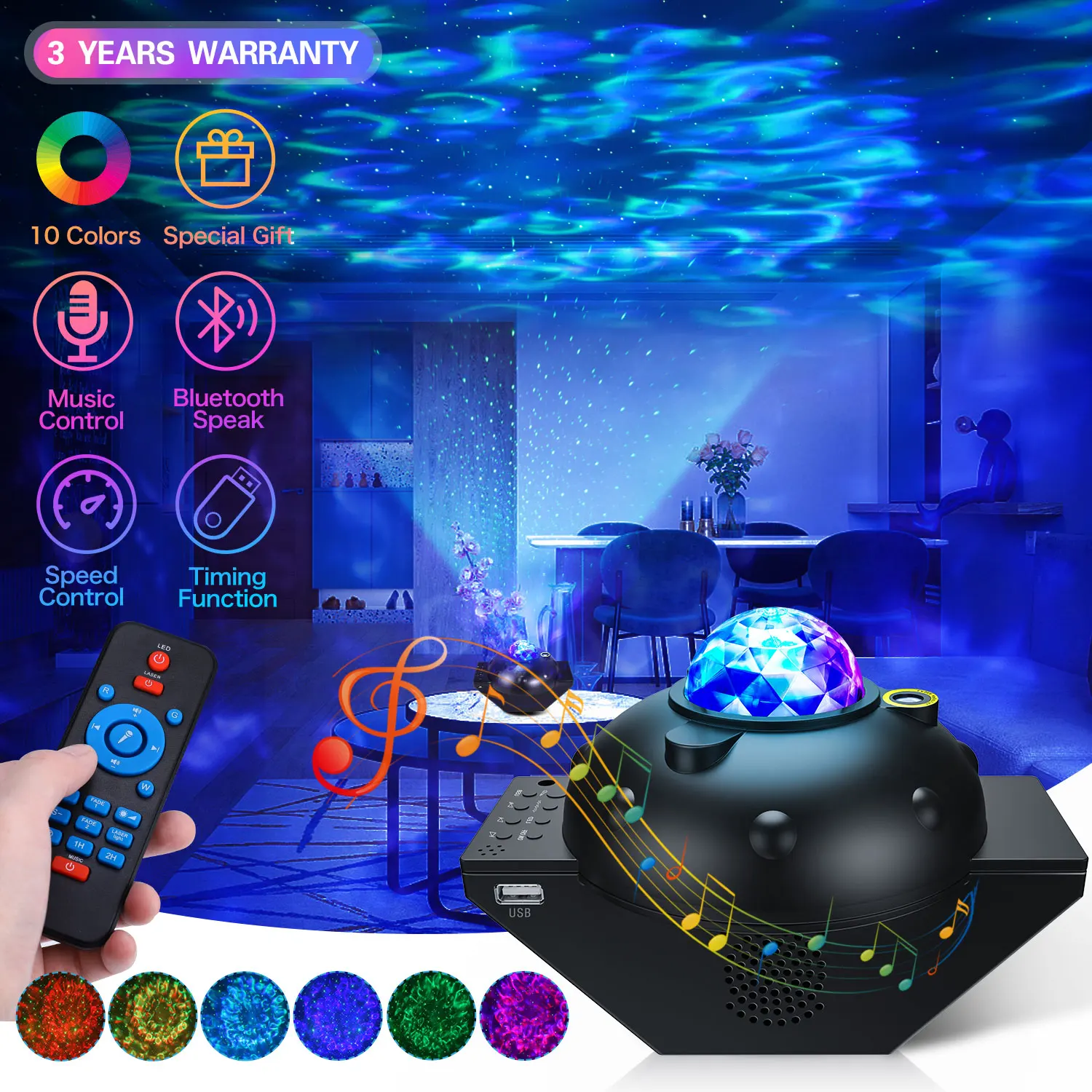 LED Sky Star Projector Baby Night Light for Children Ocean Waving Nebula Shine Ambience Lights Bluetooth Speaker for Home Party