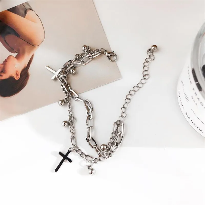 1pcs Classic Stainless Steel Double-layer Chain Bracelet Girl Women Personality Temperament Cross Ornaments Accessories