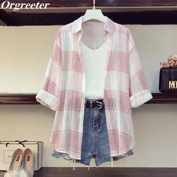 

Plus Size 3 Piece Set Women Summer Fall New 3/4 Sleeve Plaid Lapel Sunscreen Shirts + Knitted Vest + Belt Hole Denim Short Sets