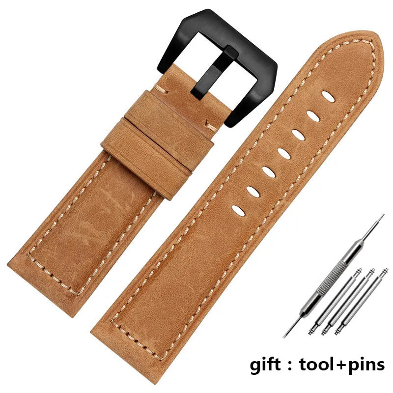 khaki black clasp Ремешок для часов ручной работы для брендовых браслетов, винтажные аксессуары, натуральная кожа Crazy Horse, 20 мм, 22 мм, 24 мм, 26 мм, ремешок для часов - Цвет ремешка: khaki black clasp