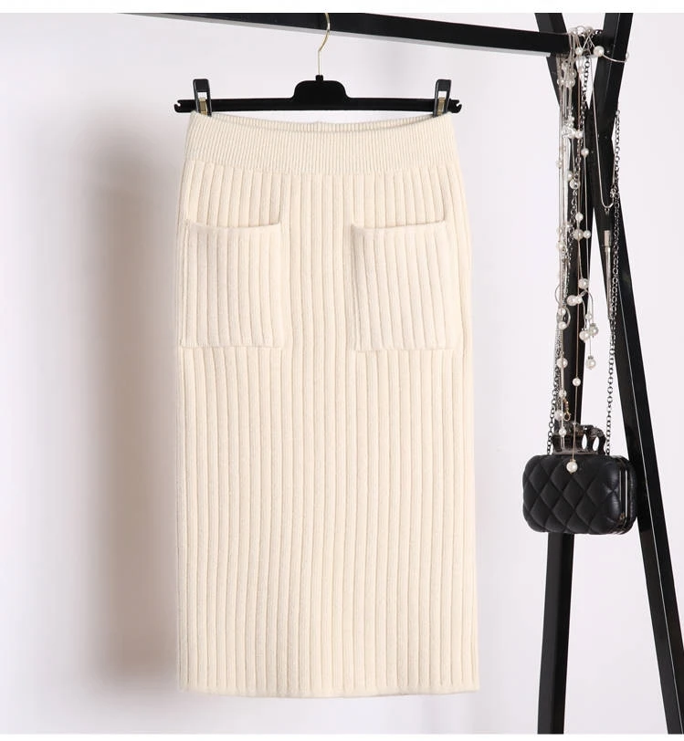 New Women's Cotton Knitting Skirts Elastic Stretch Bodycon Sexy Tight Pencil Skirt Knitted Skirts Female Autumn Winter Skirts - Цвет: Rice White