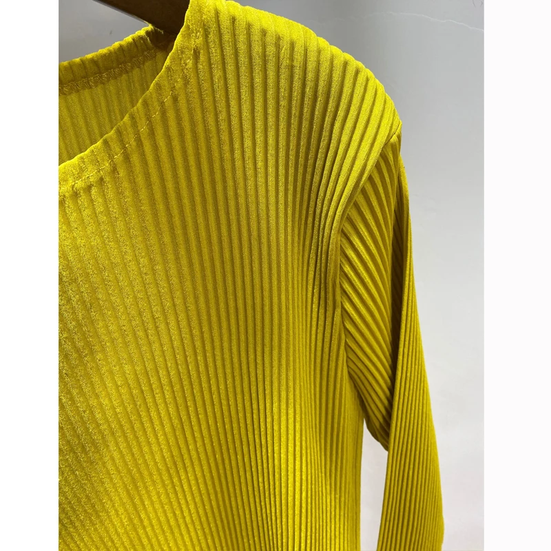 Changpleat осенние новые женские плотные топы футболки miyak плиссированные модные однотонные с круглым вырезом и длинным рукавом большие эластичные женские футболки s
