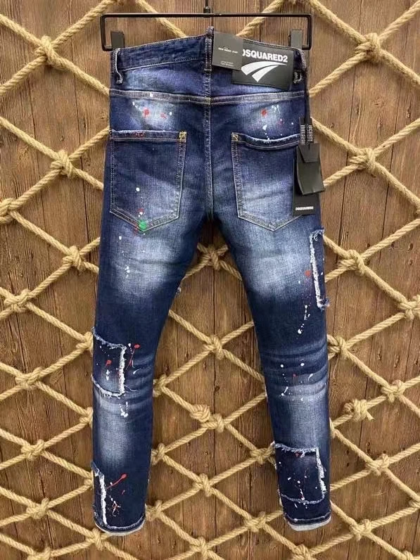 2021 New Style Dsquared2 Fashion Trend Ripped Paint Dot Men's Motorcycle Jeans *9717 blue jeans for men