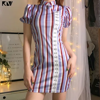 

Women Short Bubble Sleeves Stand Collar Sexy Mini Bodycon Dress Contrast Color Stripes Hook Eye Buckle Cocktail Party Cheongsam
