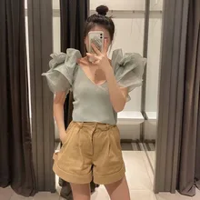 

2021 Summer Women Solid Knit Crop Tops Elegant Sweetheart Neckline Shirts Short Sleeves Organza Green Shirt Short T-shirts Woman