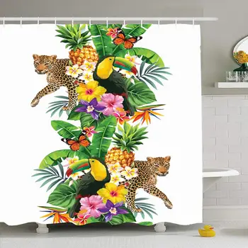 

Shower Curtain Set with Hooks 60x72 Tropical Style Vertical Border Pineapple Palm Textile Leaves Animals Wildlife Hawaii Forest