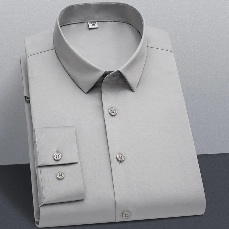 Men Shirts Stretch Solid Long Sleeve No Chest Pocket