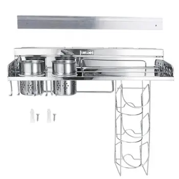 

304 Stainless Steel Wall-Mounted Kitchen Multi-Functional Storage Rack Shelf with Hanging Basket and Cups High Quality