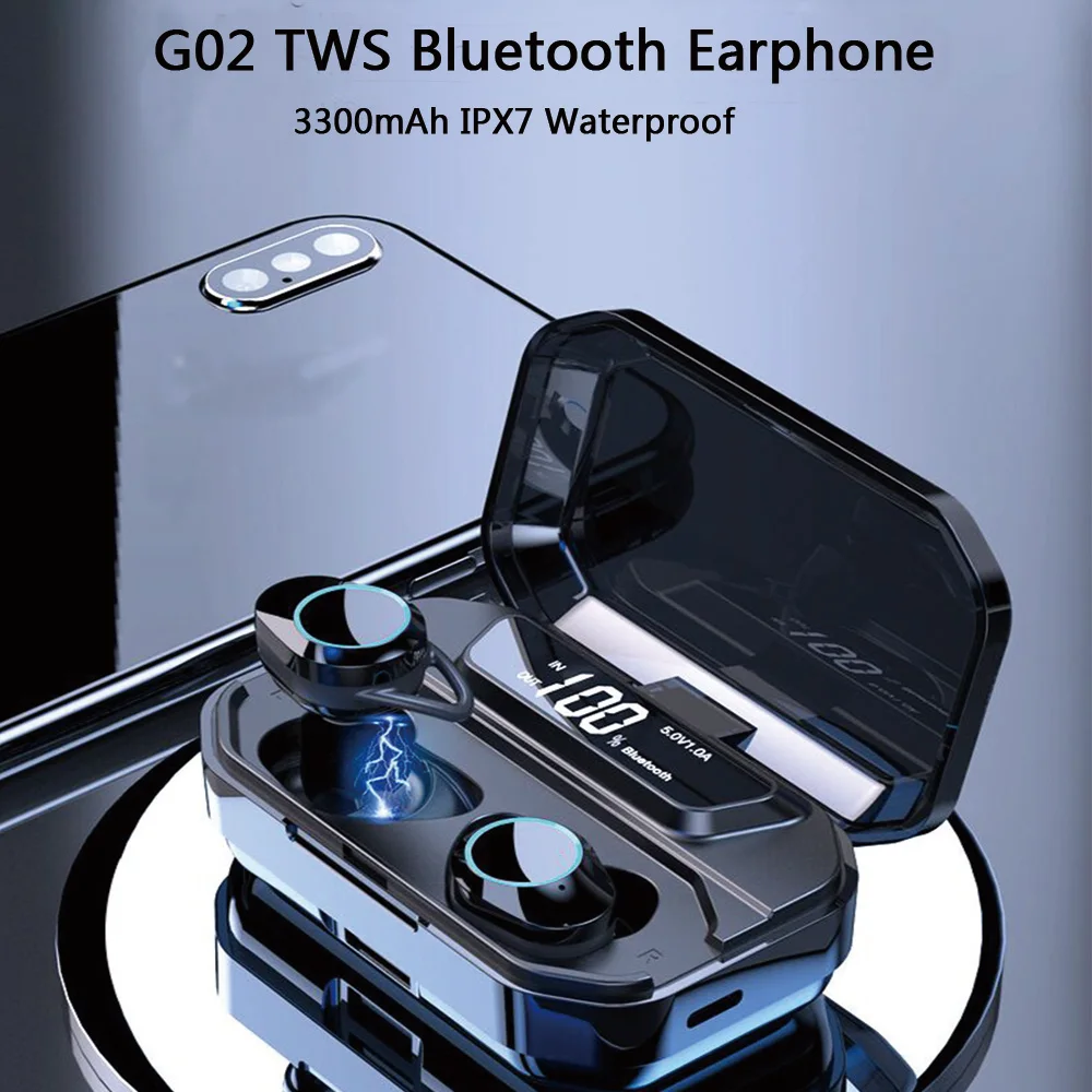 G02 TWS беспроводные Bluetooth наушники 6D объемный стерео Bluetooth 5,0 IPX7 Водонепроницаемая игровая гарнитура 3300 мАч светодиодный дисплей