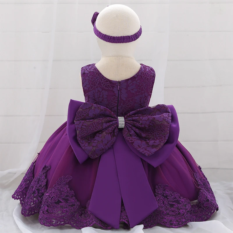 Dark purple Белое платье на день рождения для новорожденных; платья для малышей; одежда для маленьких девочек; платье принцессы для крещения с большим бантом; свадебные платья - Цвет: Dark purple