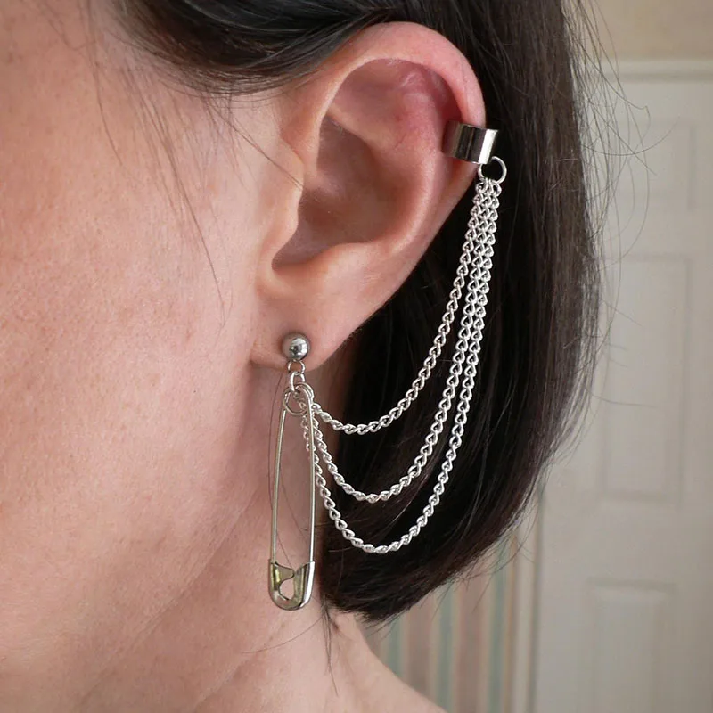 Stud Earrings Chain Ear Clips Dragon Ear-chains Ear Cuff Fantasy Cosplay Silver-plated Chains and Hypo-allergenic Stud Earring