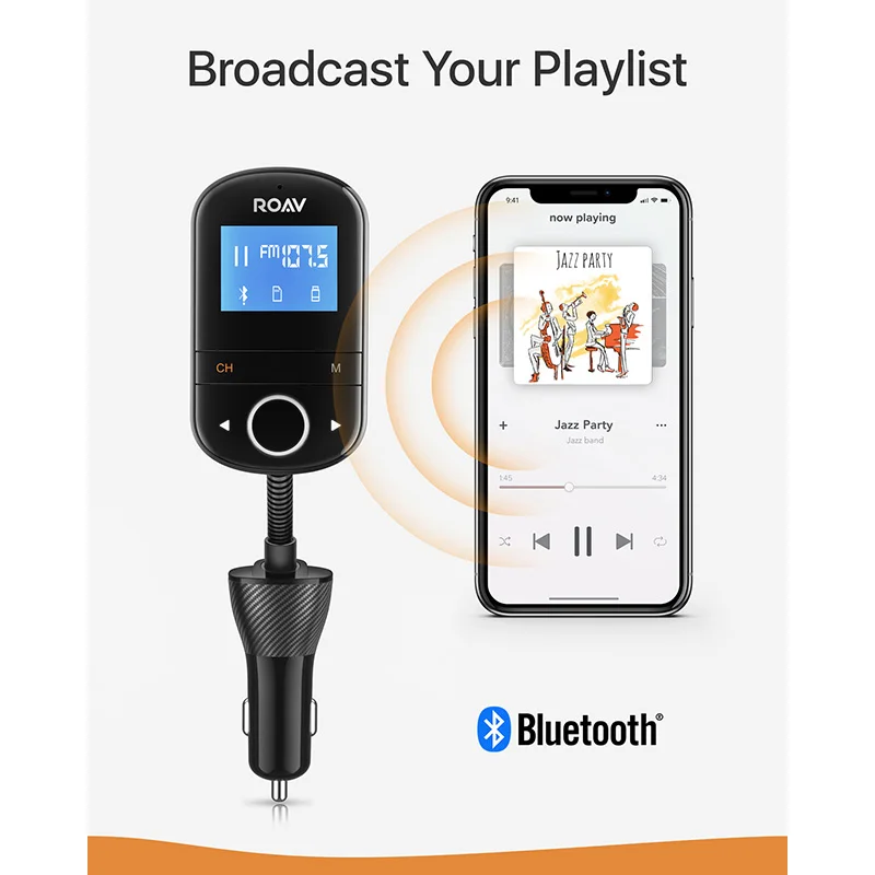 Tanie Anker Roav SmartCharge F3 bezprzewodowy nadajnik Bluetooth 4.2 FM do samochodu, adapter audio i odbiornik samochodowy, 1.44 Cal wyświetlacz