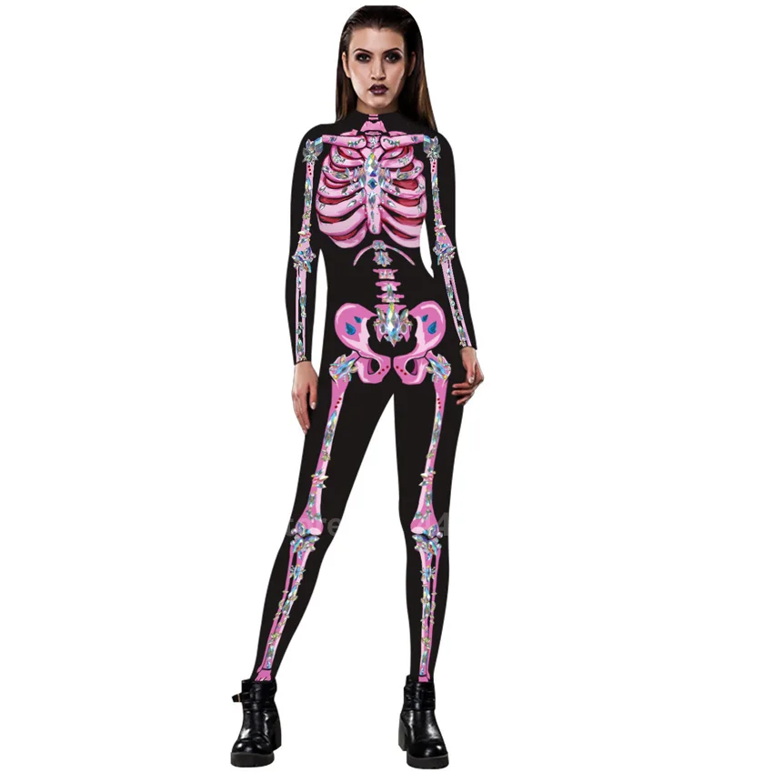 Для женщин длинный рукав сексуальные костюмы скелетов на Хэллоуин-вечеринку, страшный ужас звездное небо череп 3D принт Для женщин плотный спортивный костюм, комбинезон
