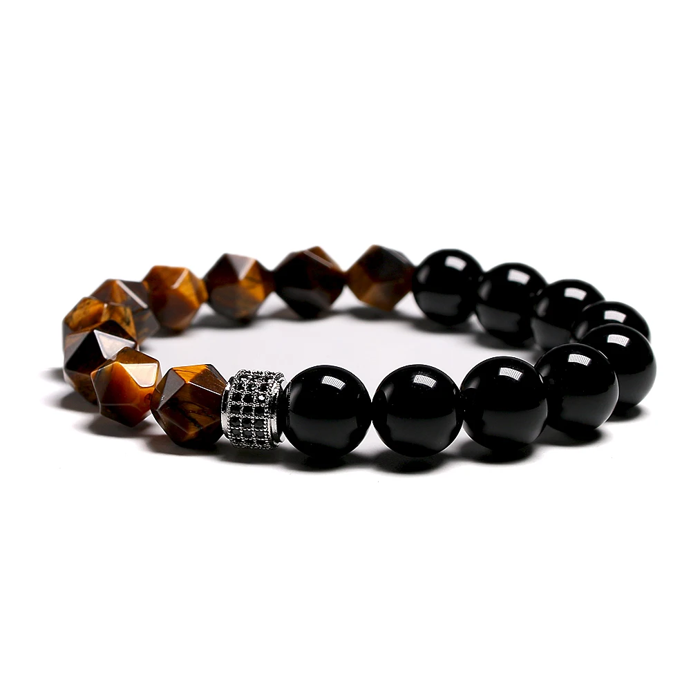 New Men Bracelet Beads Faceted Natural Tiger’s eye Stone Micro Inlaid Charm CZ Bracelets 10MM Men’s Gift Dropship